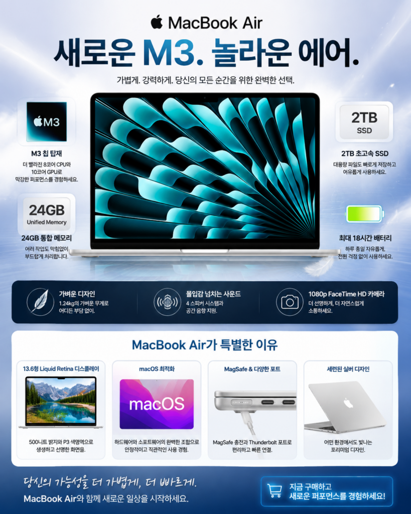 애플 맥북에어 13 M3 24GB 2TB 실버｜Z1G60002Y 제품 이미지