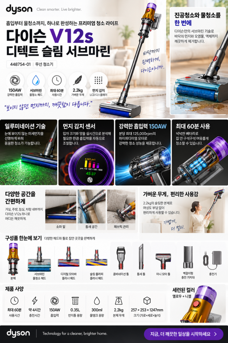 다이슨 V12s 디텍트 슬림 서브마린 무선청소기 후기｜물청소·150AW 흡입력 장단점 [448754-01]