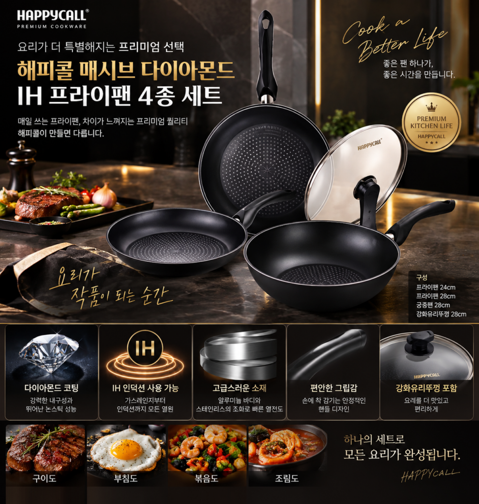해피콜 매시브 다이아몬드 IH 프라이팬 4종 세트｜24·28cm 인덕션 팬 구성 제품 이미지
