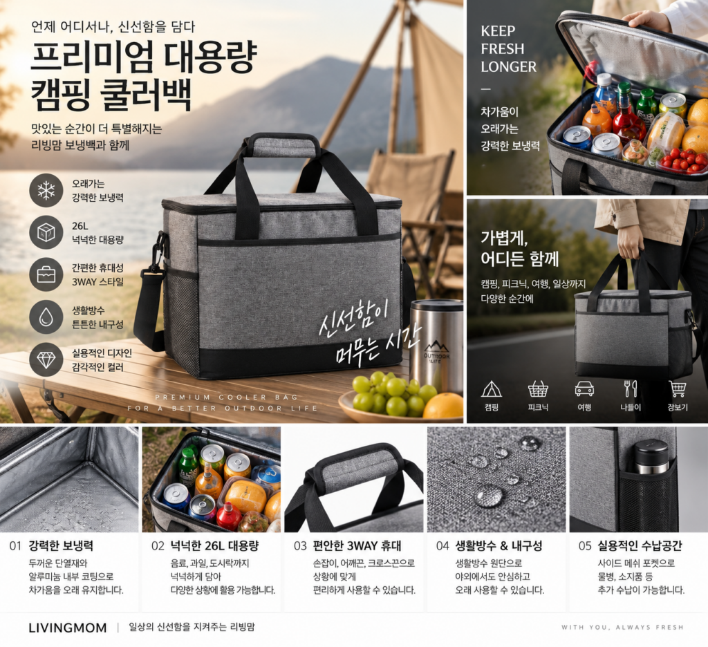 리빙맘 대용량 보냉백 26L｜3중 단열 캠핑·피크닉 쿨러백 제품 이미지