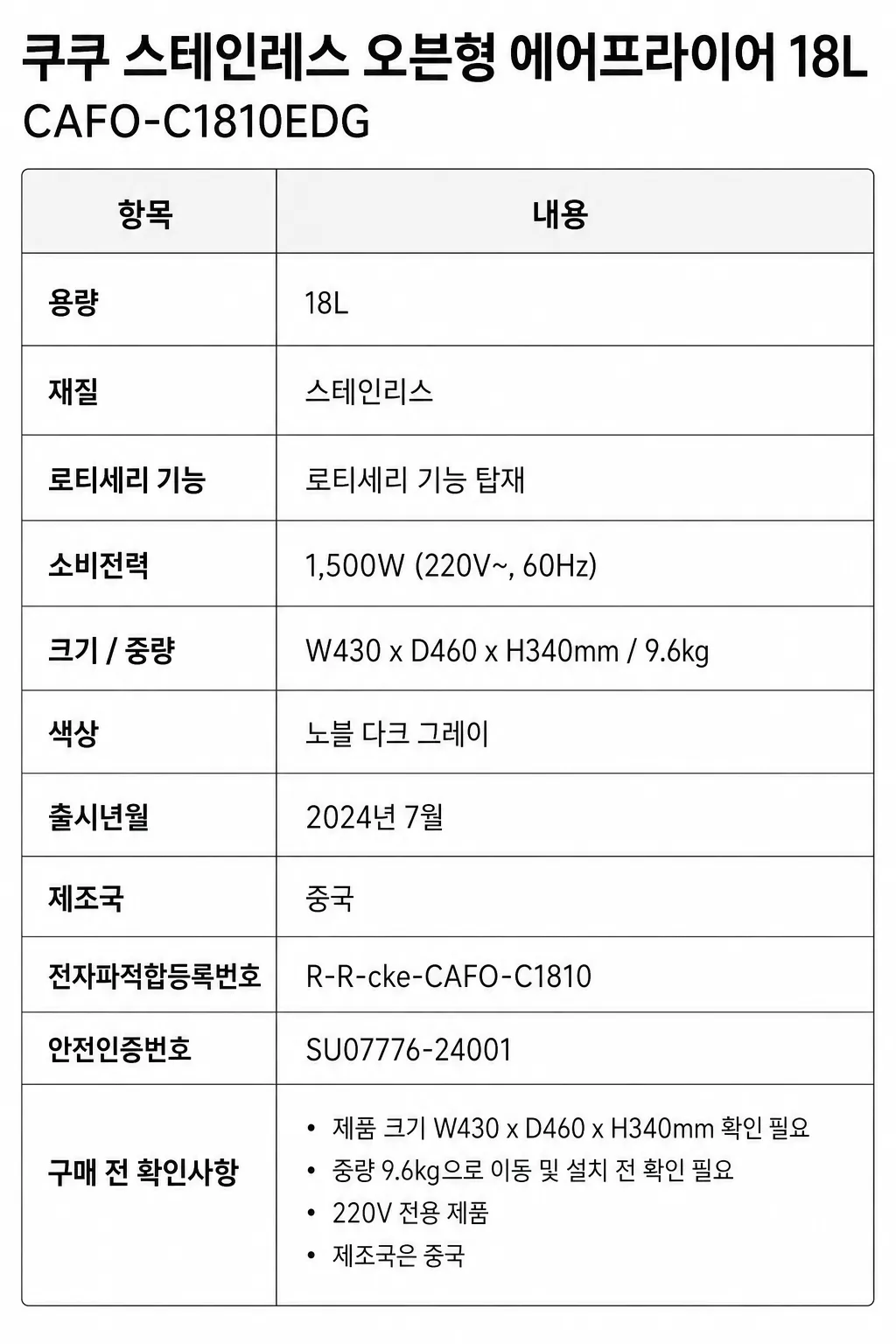 쿠쿠 스테인레스 오븐형 에어프라이어 18L주요 특징 및 구매 전 확인사항 인포그래픽