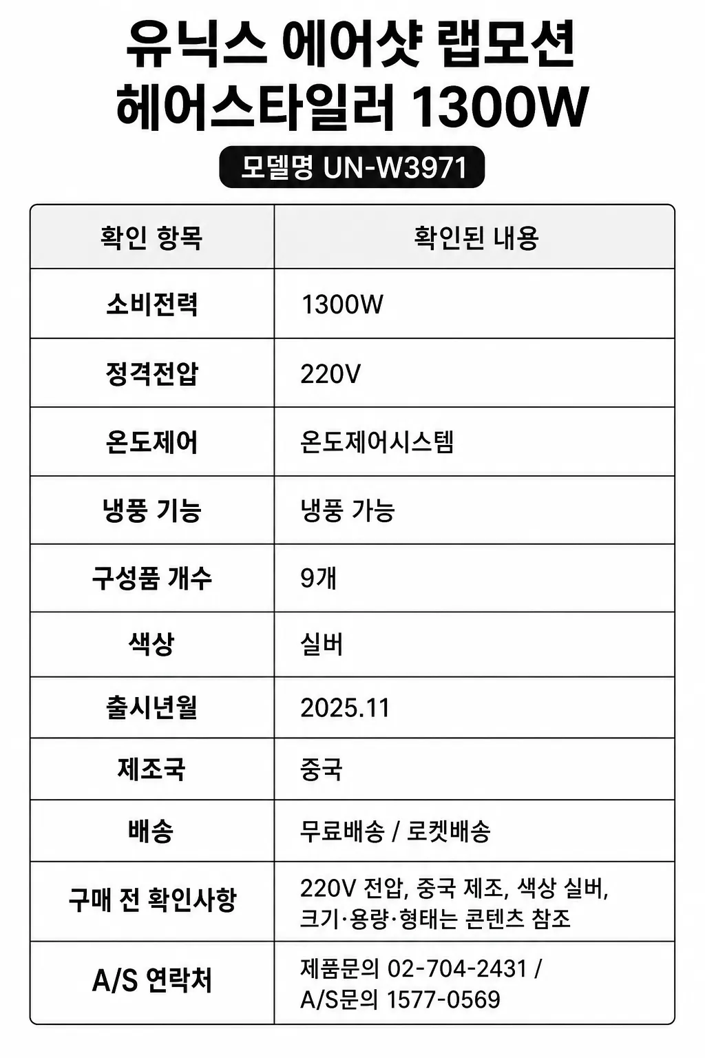 유닉스 에어샷 랩모션 헤어스타일러 1300W 주요 특징 및 구매 전 확인사항 인포그래픽