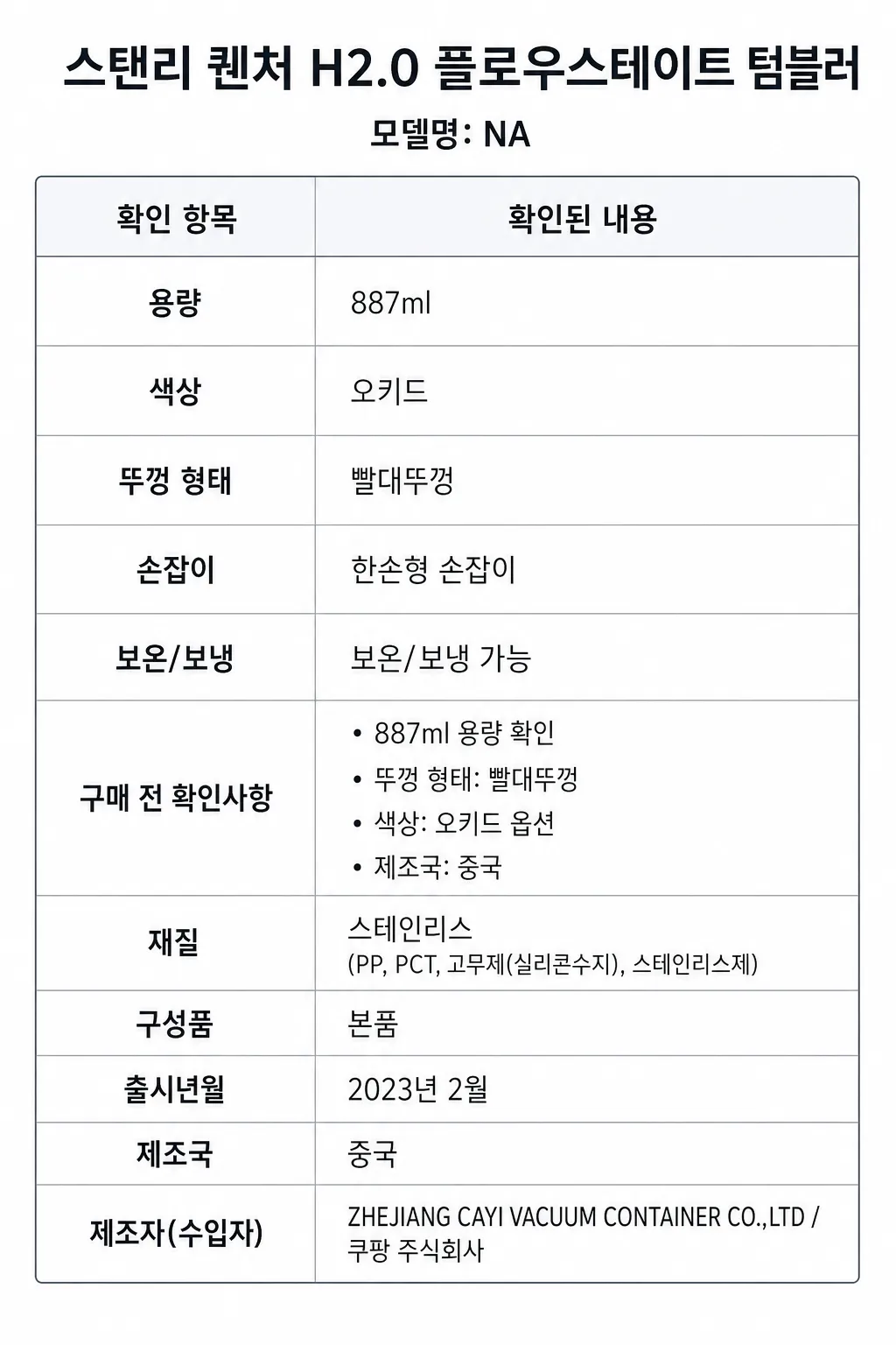 스탠리 퀜처 H2.0 플로우스테이트 텀블러주요 특징 및 구매 전 확인사항 인포그래픽