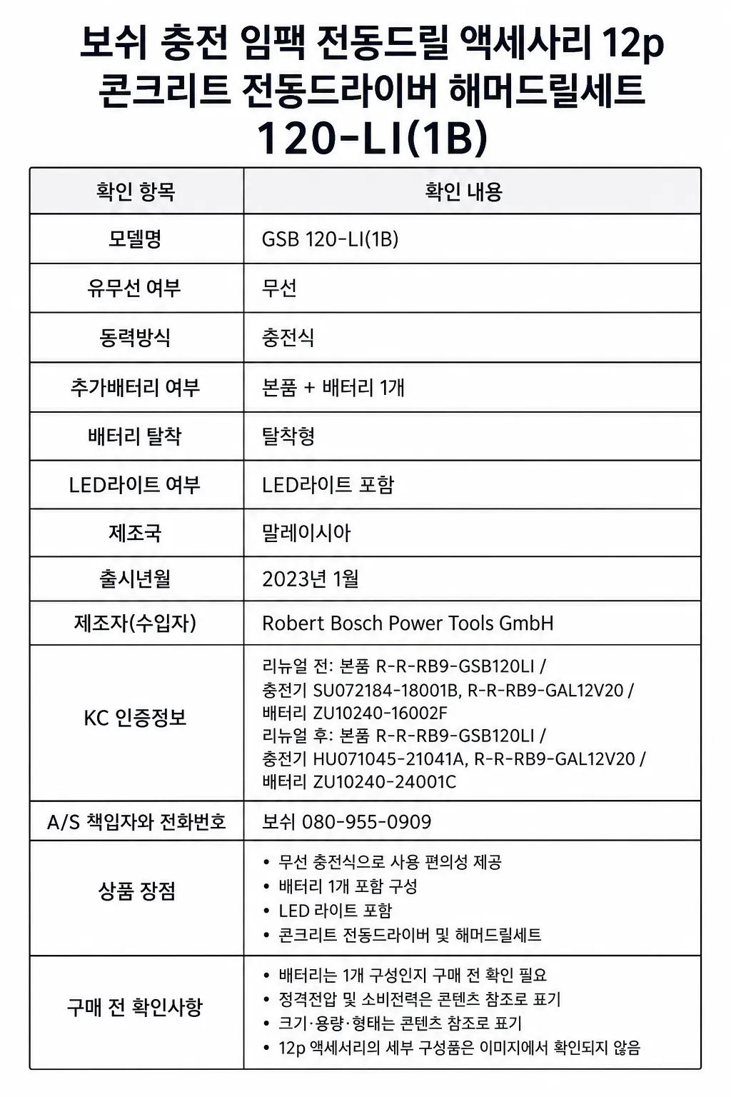 보쉬 충전 임팩 전동드릴 액세사리 12p 콘크리트 전동드라이버 해머드릴세트주요 특징 및 구매 전 확인사항 인포그래픽