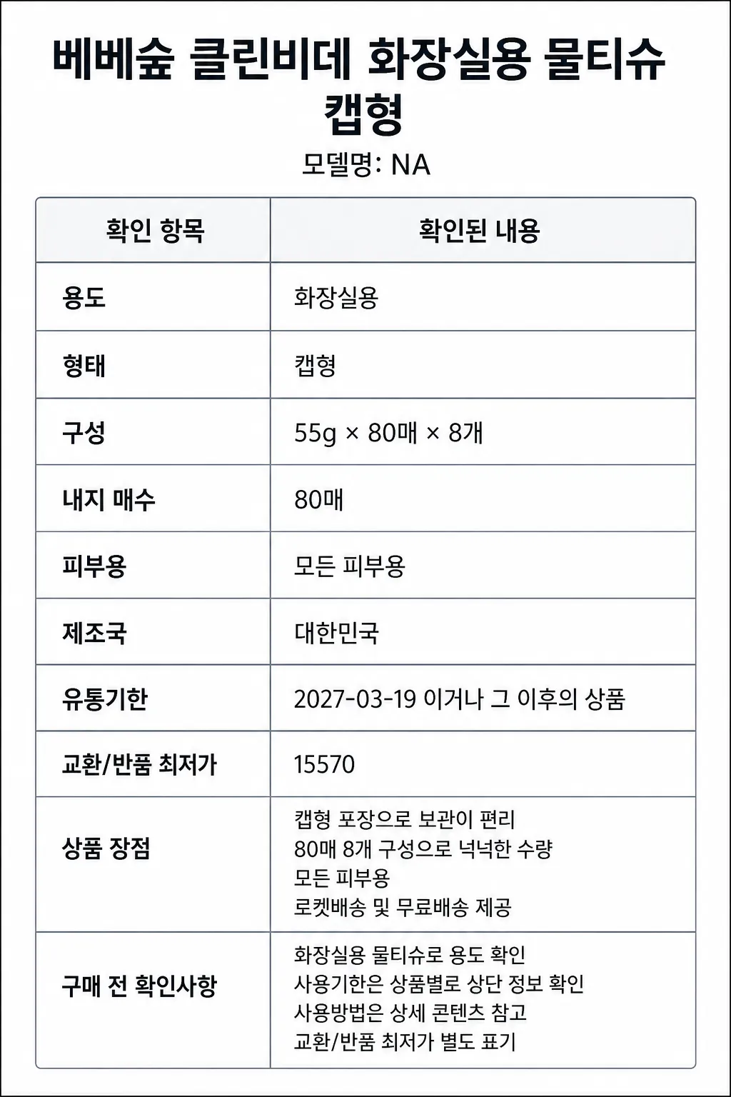 베베숲 클린비데 화장실용 물티슈 캡형주요 특징 및 구매 전 확인사항 인포그래픽